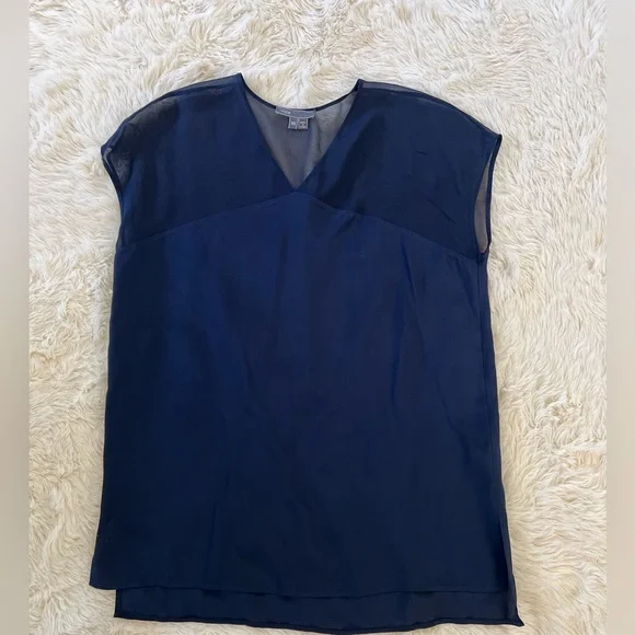 VINCE Navy Silk & Sheer Blouse Size XS - Picture 5 of 5